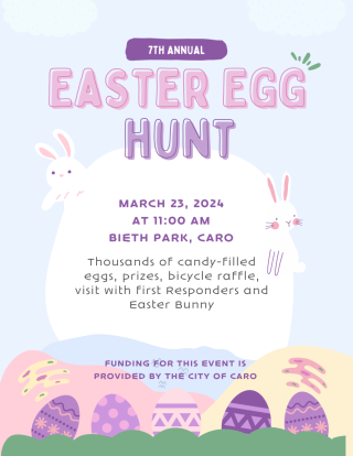 7th Annual Easter Egg Hunt - Saturday, March 23, 2024 at 11 am at Bieth Park. 