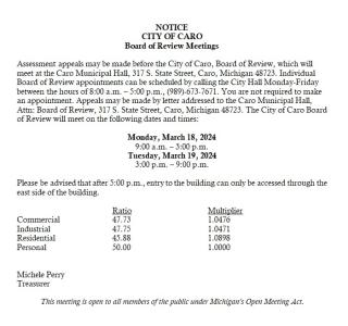 City of Caro Board of Review (BOR) will meet on March 18 & 19, 2024