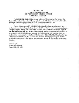 City Council Public Hearing Notice for 2021-2022 Budget 6-7-21