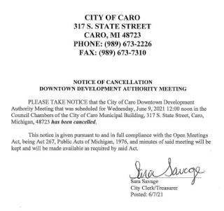 DDA Meeting Cancellation Notice 6-9-21
