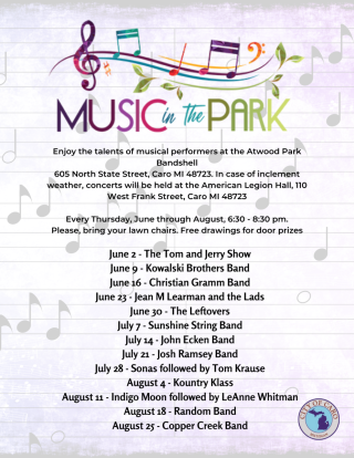 2022 Music in the Park Schedule for the Atwood Park Bandshell
