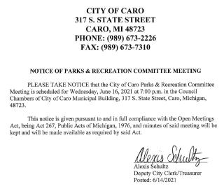 Parks and Recreation Meeting Notice 6-16-21