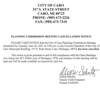 Planning Commission Meeting Cancellation Notice 6-22-21