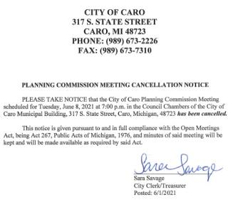 Planning Commission Meeting Cancellation Notice 6-8-21
