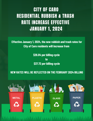 City of Caro Residential Rubbish and Trash increase effective January 1, 2024