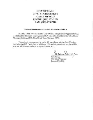 Zoning Board of Appeals Meeting Notice 5-27-21