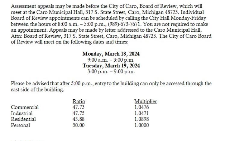 City of Caro Board of Review (BOR) will meet on March 18 & 19, 2024