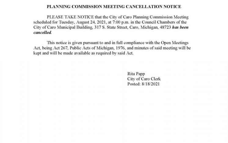 Planning Commission Meeting 8-24-21 Cancelled