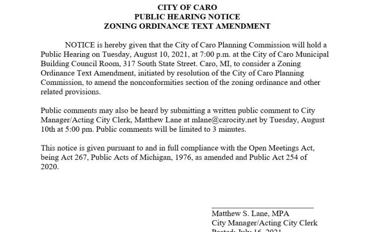 Planning Commission Public Hearing Notice - Zoning Ordinance Text Amendment - August 10 2021