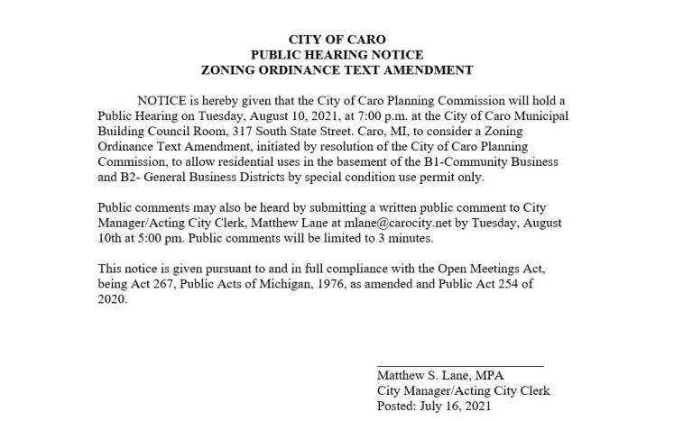 Planning Commission Public Hearing Notice - Special Condition Use Permit Only - August 10 2021
